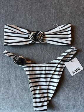 SAME Black & White Striped Bandeau Bikini Set